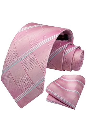 Image of HISDERN Ties for Men Formal Business Plaid Checked Mens Ties and Pocket Square Set Classic Wedding Necktie Handkerchief
