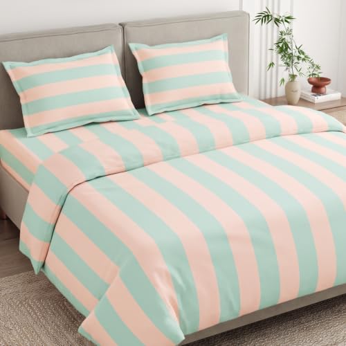 Image of Haus & Kinder Double Bed Bedsheet 90 x 100 | 186 TC Pure Cotton Bed Sheet Double Bed with 2 Pillow Covers | Queen Size Bed Sheet | Nagomi Stripe Harmony & Tranquility