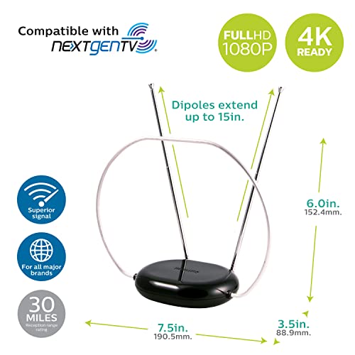 Philips Rabbit Ears Black Indoor TV Antenna, Dipole and Circular Loop, Tabletop Antenna, Digital, Smart TV Compatible, HDTV Antenna, 4K 1080P VHF UHF, 5Ft Coaxial Cable, SDV8201B/27 by Philips - Image 2