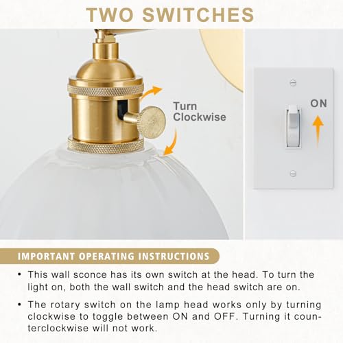 Image of Hardwired Wall Sconce Light, Vintage Wall Sconce with Switch, Gold Wall Light Fixture with Tulip Milk White Glass Lampshade, Indoor Wall Light for Bedroom Bathroom, Bedside Wall Lamp