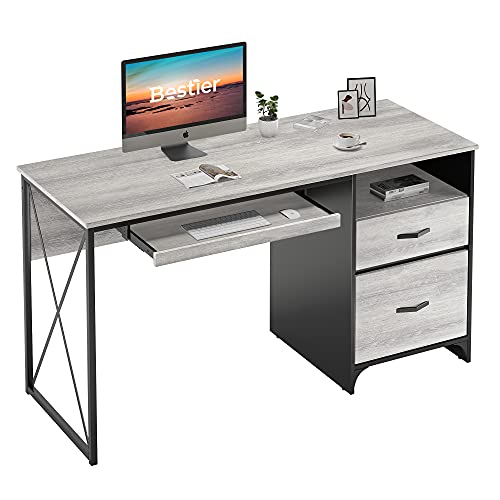 Bestier Office Desk with Drawers, 55 inch Industrial Computer Desk with Storage, Wood Teacher Desk with Keyboard Tray & File Drawer for Home Office, Light Gray Oak