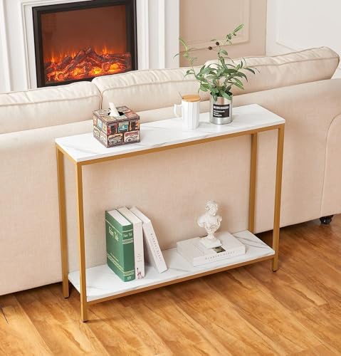 Image of Metal Frame 2-Tier Premium Entryway Table for Living Room, Hallway & Bedroom | Modern Narrow Sofa Console Table for Home & Office Decor | Sturdy & Stylish Accent Table (Gold)