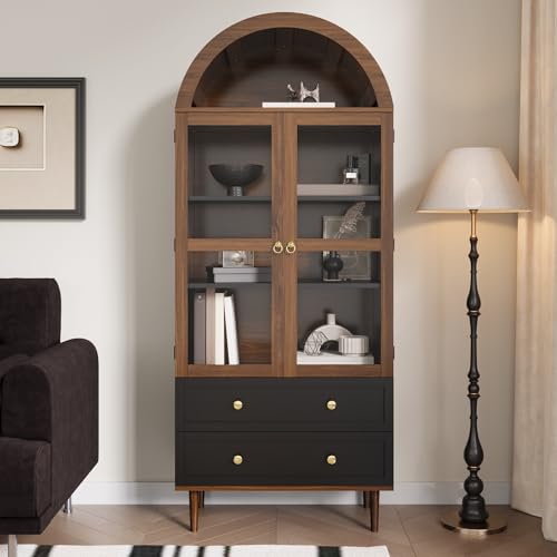 NADEUSAK Vitrina aparador 70 x 170 cm con estantes ajustables, moderno armario retro de almacenamiento de cristal curvado, estantes ajustables