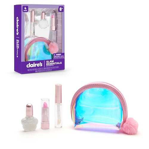 Claires Glam Essentials Kids Makeup Kit 4-Piece Real Cosmetic Set with Mini Pouch Lip Gloss Lipstick & Nail Polish Pretend Play Make Up for Kids Ages 6+ Girl Toys & Beauty Activity Gift