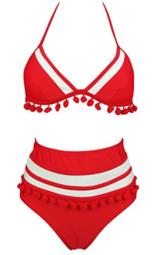 COCOSHIP Red & White Mesh Striped High Waist Bikini Set Tassel Trim Top Halter Straps Swimsuit Bathing Suit 12(FBA)