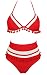 COCOSHIP Red & White Mesh Striped High Waist Bikini Set Tassel Trim Top Halter Straps Swimsuit Bathing Suit 12(FBA)