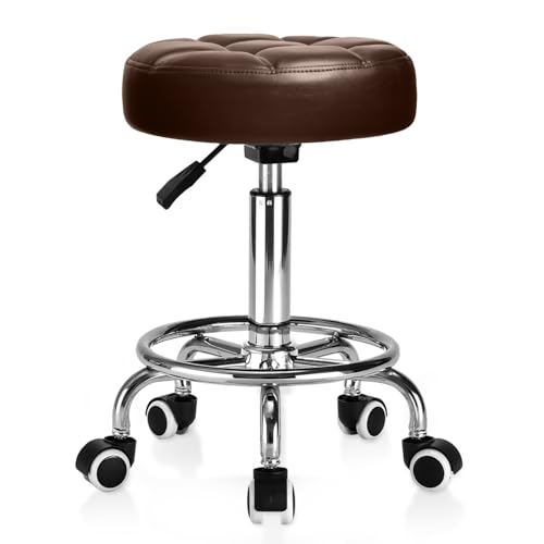 Image of Rolling Stool PU Leather Round - Ultra Soft Padded Seat Cushion Stool with Wheels with Footrest, Weight Capacity 300lb,Adjustable Height Stool for Tattoo Massage Salon Medical Spa Center (Brown)