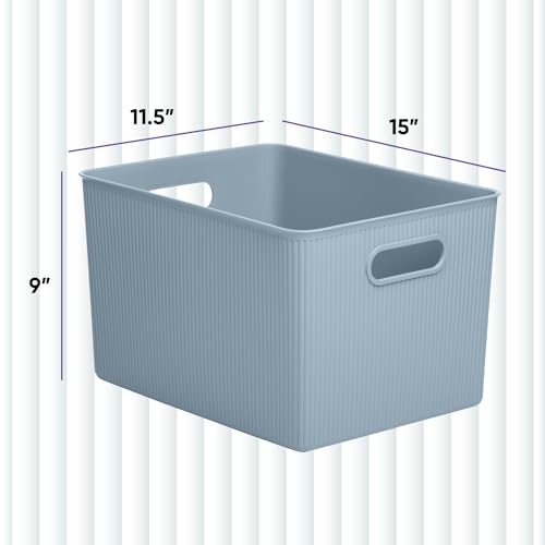 Image of Superio Ribbed Collection - Decorative Plastic Basket Open Home Storage Bins Organizer, X-Large Blue (4 Pack) Container Boxes for Organizing Closet Storage Bins for Shelves 22 Liter /23 Quart