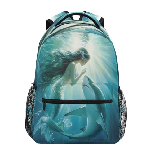 Shark Mermaid Underwater World Backpack for School Boys Girls Adults Kids Bookbag Laptop Bag 18L