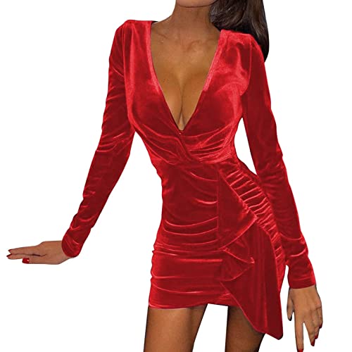 eiuEQIU Damesjurk, mini-jurk, lange mouwen, fluwelen jurk, tuniek, elegante avondjurk met diepe V-hals, plooien, onregelmatige jurk, vrouwen, effen, sexy, korte galajurk, modieuze partyjurk - Image 5