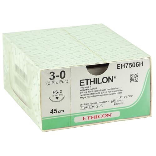 ETHICON - Ethilon Monofilen-Nähte, steril, nicht resorbierbar, 3/0 Nadel 19 mm FS-2, 36 Packung, 22304