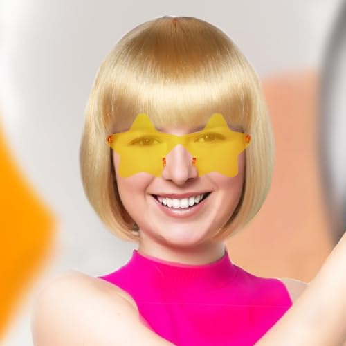Image of ANOGOL Blonde Bob Wig with Bangs Blonde Golden Wigs for Women Colored Wigs | Hair Cap+Sunglasses Short Neon Wig for Bachelorette Party Funny Outfit for Women Halloween Costume Night Club Crazy Hair Day