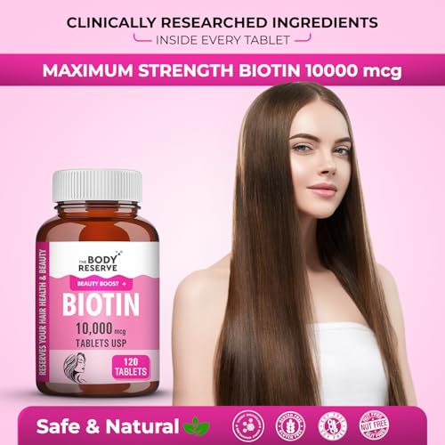 Image of The Body Reserve Biotin 10000mcg 120 Veg Tabs, Biotin Tablets For Hair, Skin & Nails, Hair Vitamins biotin Supplement For Men & Women 4 Month's Supply Pack