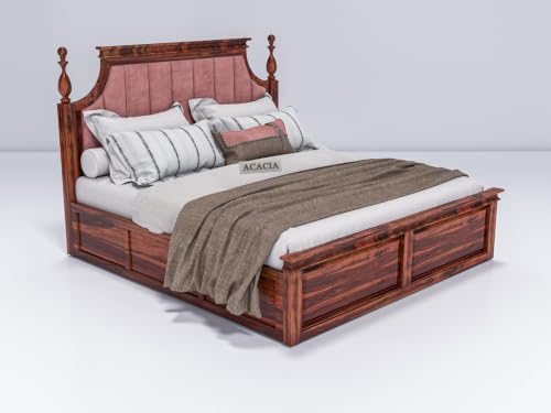 Image of Craft Wooden King Size Bed with Storage | Double Bed Cot Bed with Box Storage & Pink Colour Upholstered Cushioned Headboard for Bedroom, Solid Wood Sheesham, Honey Finish