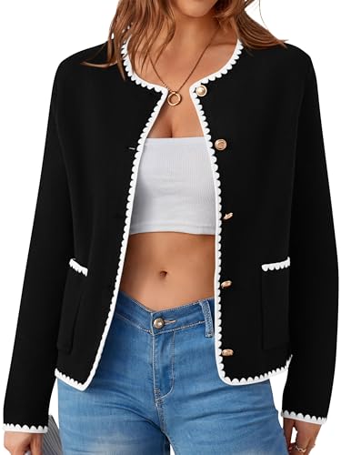 MASCOMODA Open Front Cropped Cardigan Sweaters for Women Fall Dressy Casual Long Sleeve Button Down Knit Tweed Jacket Outwear