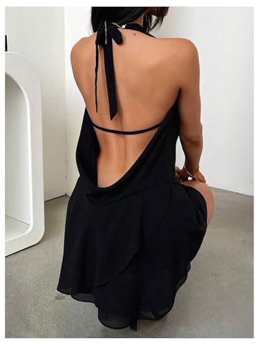 Image of MakeMeChic Women's Chiffon Halter Draped Backless Dress Ruffle Tiered Party Mini Dresses Black Medium