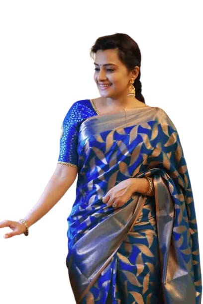 Sari en soie de litchi douce Flosive 4539 bleu avec jacquard Pallu et chemisier assorti