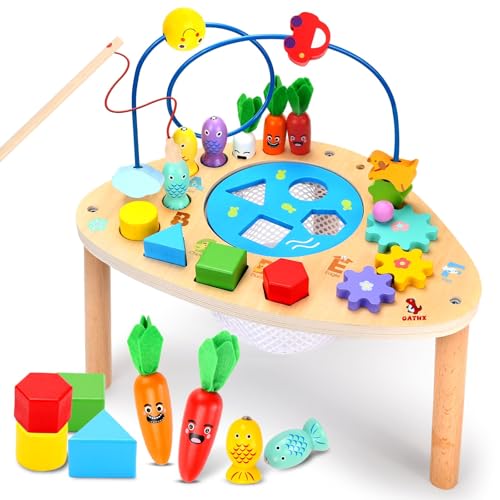 Image of oathx Activity Table for 1+ Year Old, 6 in 1 Wooden Montessori Activity Center Play Table with Bead Maze Shape Sorter Fishing Game, Kids Sensory Educational Toddler Learning Toys 1st Birthday Gifts