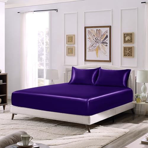 Image of SiinvdaBZX 3-Piece Set Satin Queen Fitted Sheet & 2 Pillowcase, Purple Silky Soft Fitted Bottom Sheet, Wrinkle Free, Fade Resistant, Deep Pocket Bed Sheet (Deep Up to 15 inch)
