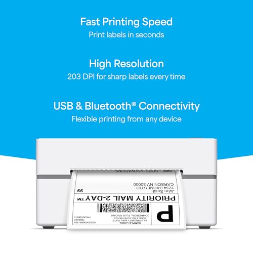 Image of Bluetooth Thermal 4x6 Shipping Label Printer Bundle, Wireless and USB Label Printer for Small Business, 203 Dpi Printer with 75 Labels, Android, iOS and Windows Compatible, White