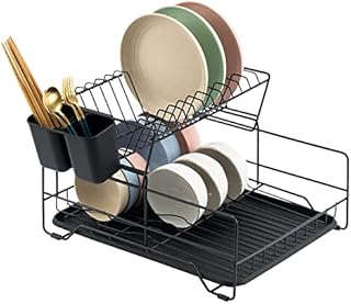 Avellux 2 Tier Black Dish Drainer Rack with Drip Tray, For Kitchen Counter Rust-resistant Stainless Steel Draining Dish Rack drainer with Draining Board and Utensils HolderNo Screw Assemble