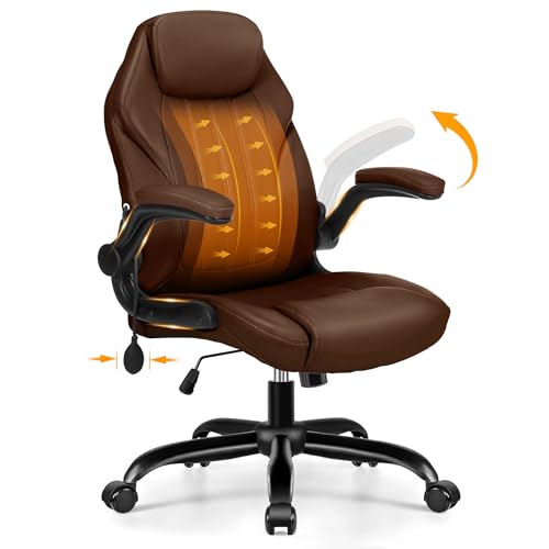 Office Desk Chair, Ergonomic Computer Chair with Padded Flip-Up Arms and Adjustable Lumbar Support, PU Leather Executive Chair with Tilt Lock and 360° Swivel Rolling Wheels for Work, Study