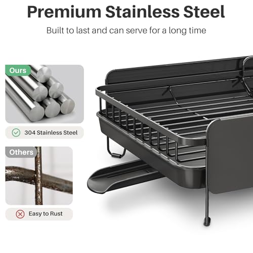 Image of Large Expandable Dish Drying Rack for Kitchen Counter, 19.3-29.4 in, Black | Family Size Capacity, Adjustable Dividers for Pan, Lid & Cutting Board, Stainless Steel, Rotating Spout, Utensil Holder