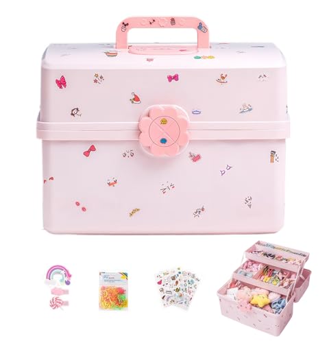 Pulseplay Hair Accessories Organizer for Girls Portable 3-Layer Plastic Craft Storage Organizer with Handle Multipurpose Plastic Storage Box for Sewing,Art Supplies,Medicine,Makeup