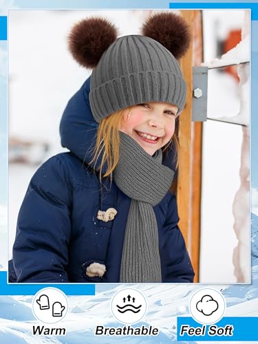 Image of JaGely 2 Sets Kids Winter Hat Gloves Scarf Set Girls and Boys Knit Hat with Pom Warm Scarf Snow Gloves for 3-10 Years Toddler