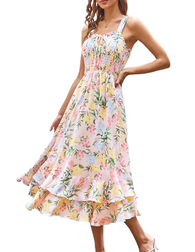 GRACE KARIN Women's 2025 Summer Floral Boho Dress Square Neck Strapped Swing A Line Sundress Beach Long Maxi OutfitsBlue Yellow M