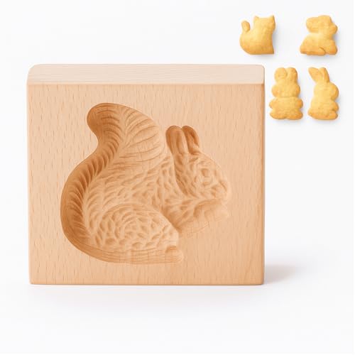 Wooden Cookie Mould, Biscuit Press Stamp for Baking, Reusable Beechwood Embossing Mold with Cute Animal Shapes, DIY Gingerbread Christmas Baking Tools,Kitchen Accessories(Squirrel)