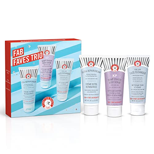 First Aid Beauty FAB Faves, Coffret Soin Visage et Corps, Crème Ultra Réparatrice, Nettoyant Purifiant pour Visage & KP Gommage Corporel Exfoliant avec 10% D’AHA (3 x 56g) Cover
