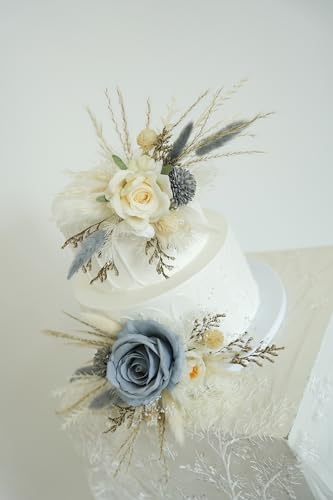 Set de dos toppers de boda con flores artificiales blancas y gris-azul miniatura 3