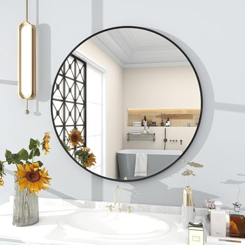 Image of The Artment your artistic apartment Decorative Orbit Round Shape Wall Mirror with Frame for Living Room | Bathroom | Hall | Home Decor with Hanging Stripes (Black Frame, 30 Inch)