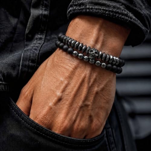 Image of THE MEN THING LAVA EMBRACE SKUL DUO- Black Silver tone - Beads Bracelet with Natural Volcanic Stone - 7inch Stretch Bracelet