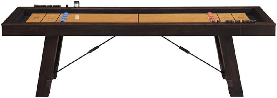 Bowery Hill Shuffleboard Table, Brown Finish, Spruce Veneer with Solid Wood Legs, Transitional Style, Includes Game Pucks, Brush, Wax, Scorers, Perfect for Game Room Entertainment