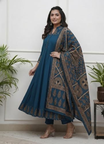 Image of GoSriKi Women's Rayon Viscose Anarkali Printed Kurta Pant with Dupatta | Anarkali Kurta Set for Women | Flared Kurti Pant Set | Ethnic Printed Suit for Women