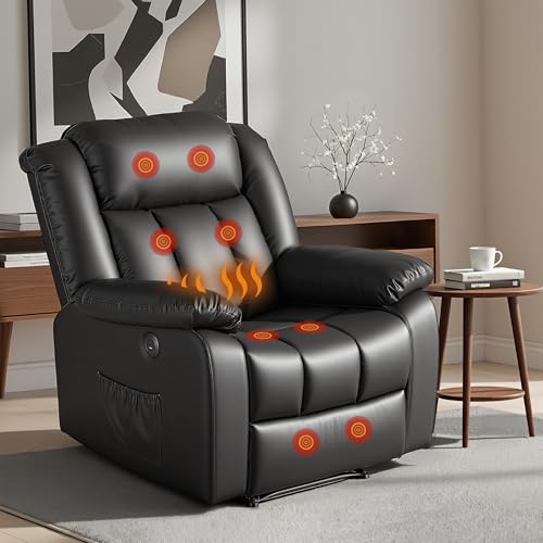Artiss Manual Massage Recliner Chair for Living Room, Leather Sofa Lounge Reclining Chair with 2 USB Port, 160° Recline Reading Chair with 20CM Wide Armrests, 8 Point Vibration & Lumbar Heat, Black