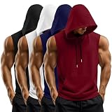 Yearntown 4 Pack Men Workout Hooded Tank Tops Bodybuilding Athletic Muscle Cut Off Hoodies Sleeveless Activewear Gym T-Shirts(XX-Large,Wine Red, Navy Blue, White, Black)