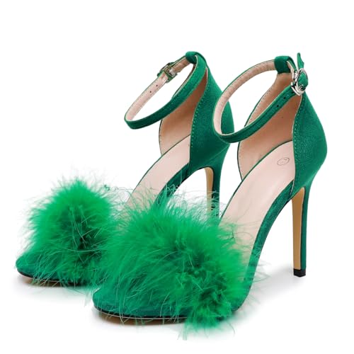 4.15 Inches Women's Ankle Strap Fluffy Feather Ankle Strap Stiletto Heels Sandals Open Toe Party Evening High Heel Pump Shoes3