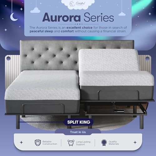 Image of Celestial Aurora Adjustable Bed Base (Frame) + 8 inch Gel Memory Foam Mattress (Firm), Easy Assembly, Head and Foot Lift, Zero Gravity, Memory Positions, CertiPUR-US Bed - Split King