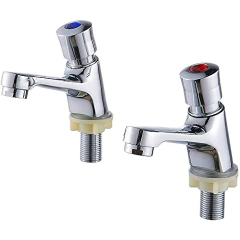 Modern Basin Sink Tap Pair Bathroom 1/2" Hot and Cold Lever Chrome Twin Press Water Non-Concussive Self Closing Basin Taps for Bathroom Kitchen Hotel Public Toilet Etc Cover