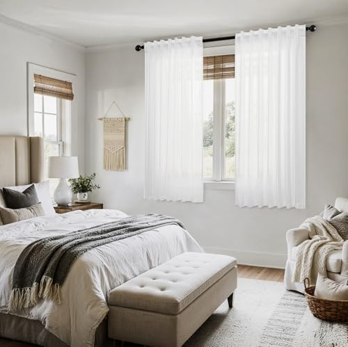 MIULEE White Linen Curtains 64 Inch Length 2 Panels for Kitchen Bedroom, Soft Thick Linen Textured Window Drapes Semi Sheer Light Filtering Back Tab Rod Pocket Burlap Look Decor