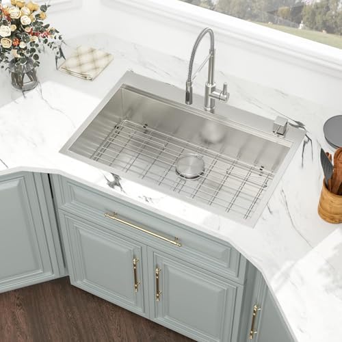 Image of Kichae 30 Kitchen Sink Drop In - 30 x 22 Drop Sink Stainless Steel 16 Gauge Ledge Workstation Single Bowl Topmount Over Mount Kitchen Sink Handmade Basin