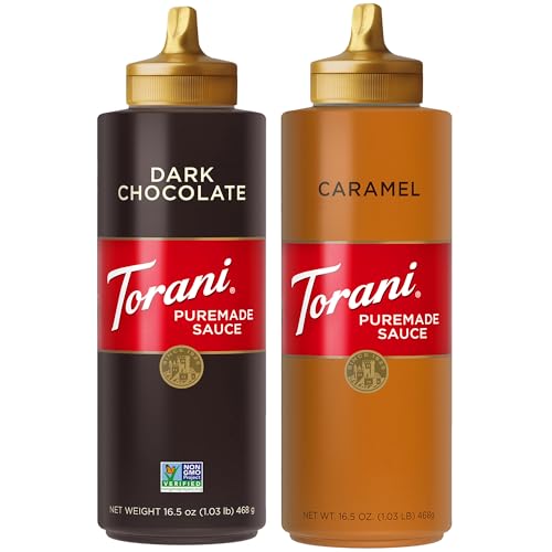 Torani Puremade Caramel and Dark Chocolate Sauce Variety 2-Pack for Desserts and Coffee Drinks, 16.5 Oz Ea
