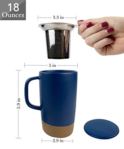 Mora Ceramics Large Tea Mug with Loose Leaf Infuser and Ceramic Lid, 18 oz, Portable, Microwave and Dishwasher Safe, Tall Coffee Cup - Rustic Matte Ceramic Glaze, Modern Herbal Tea Strainer, Deep Blue