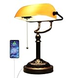 Rizzyluz Bankers Desk Lamp with USB-A Port, Rustic Desk Lamp Pull Chain with Yellow Glass Shade, Vintage Banker's Desk Lamp Oil Rubbed Bronze for Home Office Library