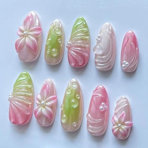 Pink Green Floral Pearl Dew Drop Press On Nails, Summer