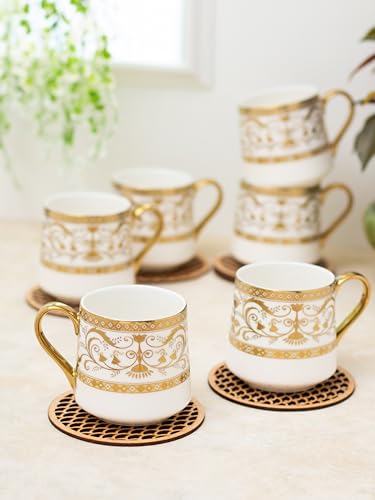 Image of Clay Craft Fine Ceramic Gold Printed Coffee /Tea Cups Set of 6-200 ml Each, Ceramic Tea Mugs, Tea Cup Set of 6, Mugs for Coffee, Cups Set of 6, Mug Set, Ideal for Gifting, Perfect for Home and Office