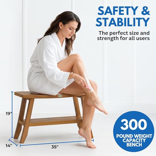 EcoDecors 34 Inch Satori Natural Teak Waterproof Teak Wood Shower Bench Stool Seat Chair For Inside Shower Provides Safety, Storage, and Organization For Bathroom Accessories